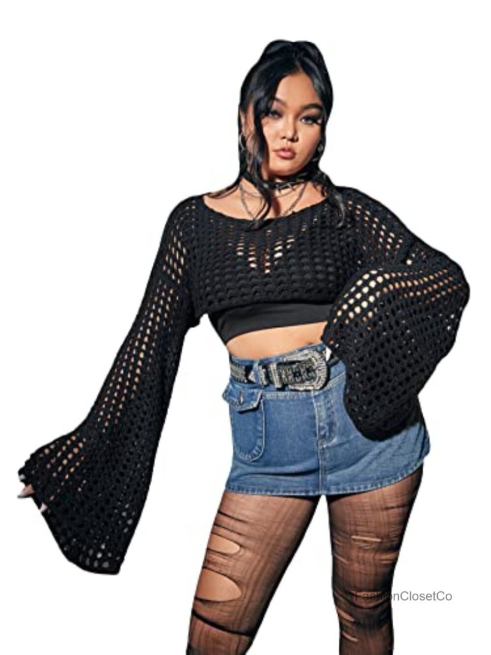 Plus Size Crochet Cropped Sweater Boat Neck Long Sleeve Pullover